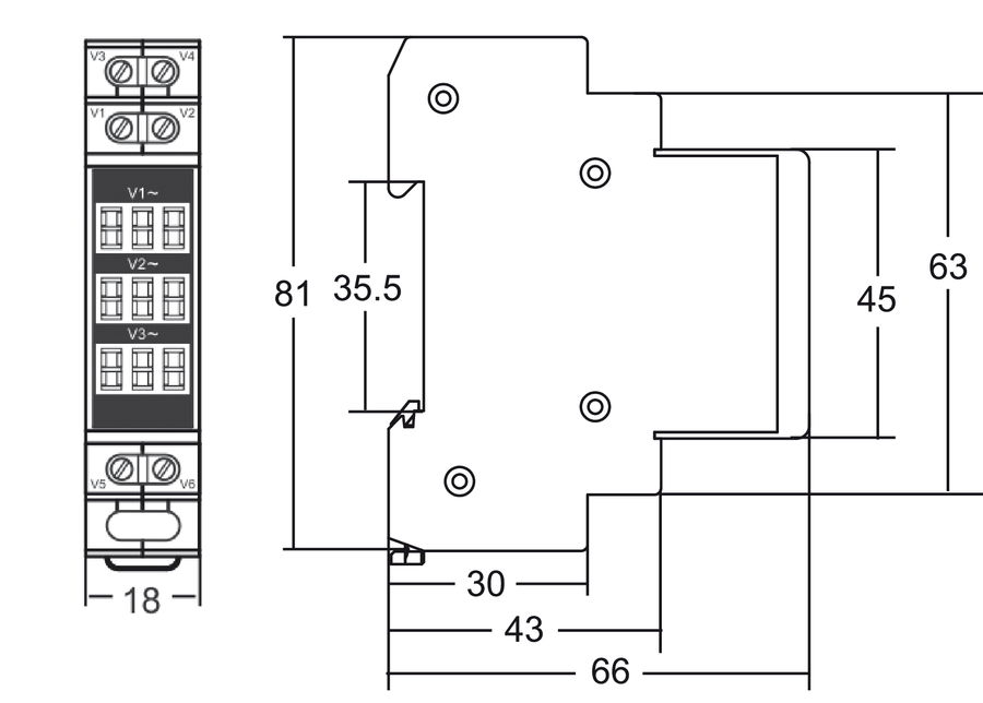 Modular three-phase voltage meter SPMV\3 - Dimensions